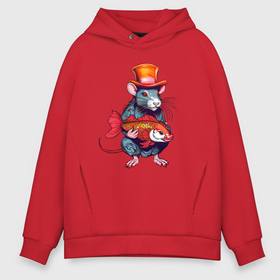 Мужское худи Oversize хлопок с принтом Крыса с рыбой в японском стиле в Рязани, френч-терри — 70% хлопок, 30% полиэстер. Мягкий теплый начес внутри —100% хлопок | боковые карманы, эластичные манжеты и нижняя кромка, капюшон на магнитной кнопке | Тематика изображения на принте: 