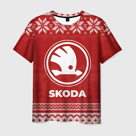 Мужская футболка 3D с принтом Новогодний Skoda в городе Новоалтайск, 100% полиэфир | прямой крой, круглый вырез горловины, длина до линии бедер | 