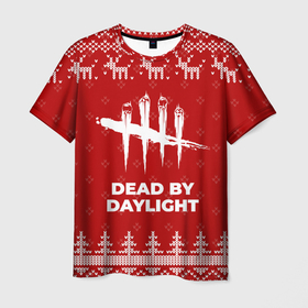 Мужская футболка 3D с принтом Новогодний Dead by Daylight с оленями в городе Новоалтайск, 100% полиэфир | прямой крой, круглый вырез горловины, длина до линии бедер | 