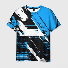 Мужская футболка 3D с принтом Diagonal black and white stripes on a blue background в городе Новоалтайск, 100% полиэфир | прямой крой, круглый вырез горловины, длина до линии бедер | Тематика изображения на принте: 