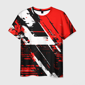 Мужская футболка 3D с принтом Diagonal black and white stripes on a red background в городе Новоалтайск, 100% полиэфир | прямой крой, круглый вырез горловины, длина до линии бедер | Тематика изображения на принте: 