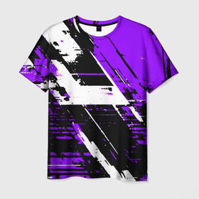 Мужская футболка 3D с принтом Diagonal black and white stripes on a purple background в городе Новоалтайск, 100% полиэфир | прямой крой, круглый вырез горловины, длина до линии бедер | Тематика изображения на принте: 