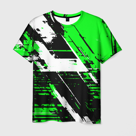 Мужская футболка 3D с принтом Diagonal black and white stripes on a green background в городе Новоалтайск, 100% полиэфир | прямой крой, круглый вырез горловины, длина до линии бедер | Тематика изображения на принте: 