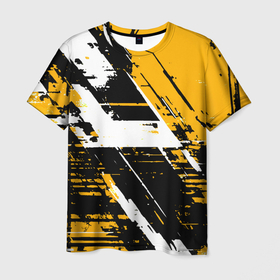 Мужская футболка 3D с принтом Diagonal black and white stripes on a yellow background в городе Новоалтайск, 100% полиэфир | прямой крой, круглый вырез горловины, длина до линии бедер | Тематика изображения на принте: 