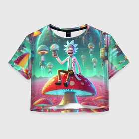 Женская футболка Crop-top 3D с принтом Рик Санчес сидит на мухоморе   нейроарт в городе Новоалтайск, 100% полиэстер | круглая горловина, длина футболки до линии талии, рукава с отворотами | 