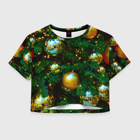 Женская футболка Crop-top 3D с принтом Новогодние украшения на ветках в городе Новоалтайск, 100% полиэстер | круглая горловина, длина футболки до линии талии, рукава с отворотами | 