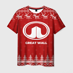 Мужская футболка 3D с принтом Новогодний Great Wall с оленями в городе Новоалтайск, 100% полиэфир | прямой крой, круглый вырез горловины, длина до линии бедер | 