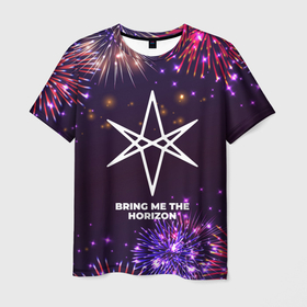 Мужская футболка 3D с принтом Праздничный Bring Me the Horizon Star в Ухте, 100% полиэфир | прямой крой, круглый вырез горловины, длина до линии бедер | 