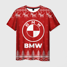 Мужская футболка 3D с принтом Новогодний BMW с оленями в городе Новоалтайск, 100% полиэфир | прямой крой, круглый вырез горловины, длина до линии бедер | 