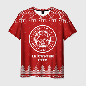 Мужская футболка 3D с принтом Новогодний Leicester City с оленями в городе Новоалтайск, 100% полиэфир | прямой крой, круглый вырез горловины, длина до линии бедер | 
