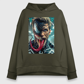 Женское худи Oversize хлопок с принтом Venom and Eddie   ai art fantasy в городе Новоалтайск, френч-терри — 70% хлопок, 30% полиэстер. Мягкий теплый начес внутри —100% хлопок | боковые карманы, эластичные манжеты и нижняя кромка, капюшон на магнитной кнопке | 