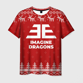 Мужская футболка 3D с принтом Новогодний Imagine Dragons с оленями в городе Новоалтайск, 100% полиэфир | прямой крой, круглый вырез горловины, длина до линии бедер | 