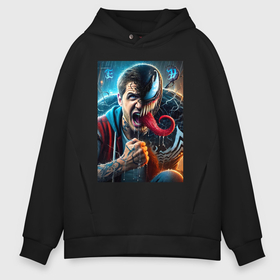 Мужское худи Oversize хлопок с принтом Eddies transformation into Venom   ai art fantasy в Ухте, френч-терри — 70% хлопок, 30% полиэстер. Мягкий теплый начес внутри —100% хлопок | боковые карманы, эластичные манжеты и нижняя кромка, капюшон на магнитной кнопке | Тематика изображения на принте: 