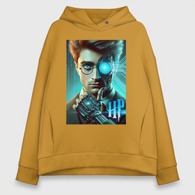 Женское худи Oversize хлопок с принтом Cyber Harry Potter   ai art neon fantasy в городе Новоалтайск, френч-терри — 70% хлопок, 30% полиэстер. Мягкий теплый начес внутри —100% хлопок | боковые карманы, эластичные манжеты и нижняя кромка, капюшон на магнитной кнопке | 