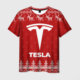 Мужская футболка 3D с принтом Новогодний Tesla с оленями в Петрозаводске, 100% полиэфир | прямой крой, круглый вырез горловины, длина до линии бедер | Тематика изображения на принте: 
