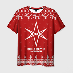 Мужская футболка 3D с принтом Новогодний Bring Me the Horizon с оленями в городе Новоалтайск, 100% полиэфир | прямой крой, круглый вырез горловины, длина до линии бедер | 