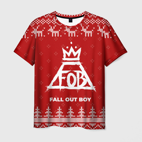 Мужская футболка 3D с принтом Новогодний Fall Out Boy с оленями в Смоленске, 100% полиэфир | прямой крой, круглый вырез горловины, длина до линии бедер | Тематика изображения на принте: 