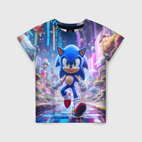 Детская футболка 3D с принтом Sonic в неоновом городе в Ухте, 100% гипоаллергенный полиэфир | прямой крой, круглый вырез горловины, длина до линии бедер, чуть спущенное плечо, ткань немного тянется | 