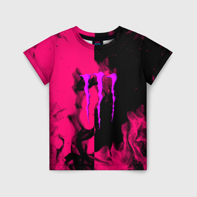 Детская футболка 3D с принтом Monster energy fire pink в Курске, 100% гипоаллергенный полиэфир | прямой крой, круглый вырез горловины, длина до линии бедер, чуть спущенное плечо, ткань немного тянется | 