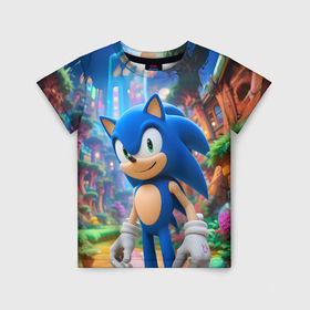 Детская футболка 3D с принтом Sonic красочный мир в городе Новоалтайск, 100% гипоаллергенный полиэфир | прямой крой, круглый вырез горловины, длина до линии бедер, чуть спущенное плечо, ткань немного тянется | Тематика изображения на принте: 