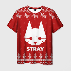 Мужская футболка 3D с принтом Новогодний Stray с оленями в городе Новоалтайск, 100% полиэфир | прямой крой, круглый вырез горловины, длина до линии бедер | 