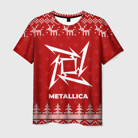 Мужская футболка 3D с принтом Новогодний Metallica с оленями в Смоленске, 100% полиэфир | прямой крой, круглый вырез горловины, длина до линии бедер | Тематика изображения на принте: 