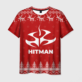 Мужская футболка 3D с принтом Новогодний Hitman с оленями в Смоленске, 100% полиэфир | прямой крой, круглый вырез горловины, длина до линии бедер | Тематика изображения на принте: 