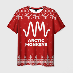 Мужская футболка 3D с принтом Новогодний Arctic Monkeys с оленями в Смоленске, 100% полиэфир | прямой крой, круглый вырез горловины, длина до линии бедер | Тематика изображения на принте: 