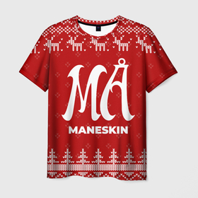 Мужская футболка 3D с принтом Новогодний Maneskin с оленями в Смоленске, 100% полиэфир | прямой крой, круглый вырез горловины, длина до линии бедер | Тематика изображения на принте: 
