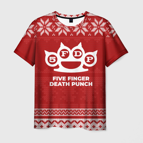 Мужская футболка 3D с принтом Новогодний Five Finger Death Punch в городе Новоалтайск, 100% полиэфир | прямой крой, круглый вырез горловины, длина до линии бедер | 
