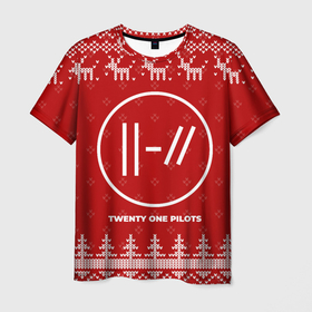 Мужская футболка 3D с принтом Новогодний Twenty One Pilots с оленями в городе Новоалтайск, 100% полиэфир | прямой крой, круглый вырез горловины, длина до линии бедер | 