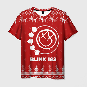 Мужская футболка 3D с принтом Новогодний Blink 182 с оленями в Смоленске, 100% полиэфир | прямой крой, круглый вырез горловины, длина до линии бедер | Тематика изображения на принте: 