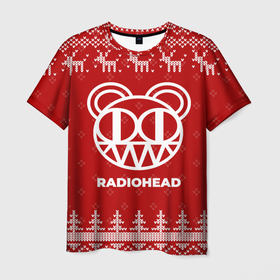 Мужская футболка 3D с принтом Новогодний Radiohead с оленями в Смоленске, 100% полиэфир | прямой крой, круглый вырез горловины, длина до линии бедер | Тематика изображения на принте: 