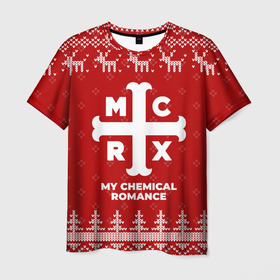 Мужская футболка 3D с принтом Новогодний My Chemical Romance с оленями в Смоленске, 100% полиэфир | прямой крой, круглый вырез горловины, длина до линии бедер | Тематика изображения на принте: 