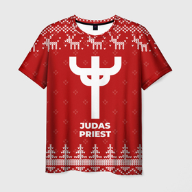 Мужская футболка 3D с принтом Новогодний Judas Priest с оленями в городе Новоалтайск, 100% полиэфир | прямой крой, круглый вырез горловины, длина до линии бедер | 