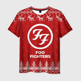 Мужская футболка 3D с принтом Новогодний Foo Fighters с оленями в городе Новоалтайск, 100% полиэфир | прямой крой, круглый вырез горловины, длина до линии бедер | 