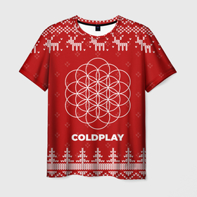 Мужская футболка 3D с принтом Новогодний Coldplay с оленями в городе Новоалтайск, 100% полиэфир | прямой крой, круглый вырез горловины, длина до линии бедер | 