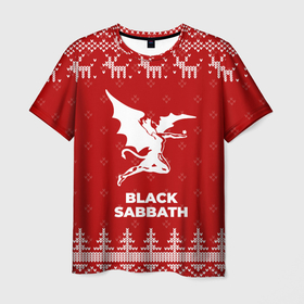 Мужская футболка 3D с принтом Новогодний Black Sabbath с оленями в городе Новоалтайск, 100% полиэфир | прямой крой, круглый вырез горловины, длина до линии бедер | 
