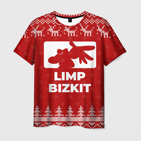 Мужская футболка 3D с принтом Новогодний Limp Bizkit с оленями в городе Новоалтайск, 100% полиэфир | прямой крой, круглый вырез горловины, длина до линии бедер | 