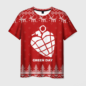 Мужская футболка 3D с принтом Новогодний Green Day с оленями в городе Новоалтайск, 100% полиэфир | прямой крой, круглый вырез горловины, длина до линии бедер | 