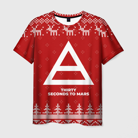 Мужская футболка 3D с принтом Новогодний Thirty Seconds to Mars с оленями в городе Новоалтайск, 100% полиэфир | прямой крой, круглый вырез горловины, длина до линии бедер | 