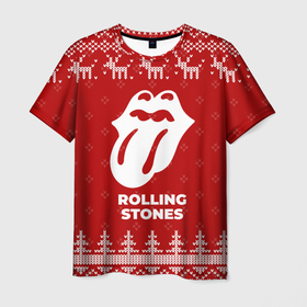 Мужская футболка 3D с принтом Новогодний Rolling Stones с оленями в городе Новоалтайск, 100% полиэфир | прямой крой, круглый вырез горловины, длина до линии бедер | 