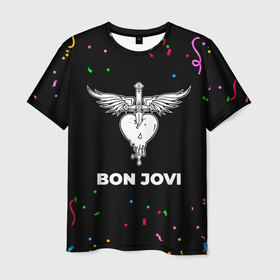 Мужская футболка 3D с принтом Bon Jovi конфети в Кировске, 100% полиэфир | прямой крой, круглый вырез горловины, длина до линии бедер | Тематика изображения на принте: 