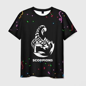 Мужская футболка 3D с принтом Scorpions конфети в Кировске, 100% полиэфир | прямой крой, круглый вырез горловины, длина до линии бедер | Тематика изображения на принте: 