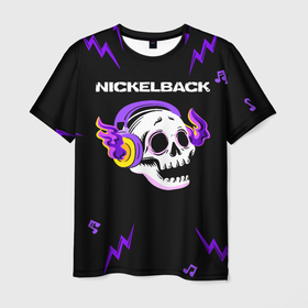Мужская футболка 3D с принтом Nickelback неоновый череп в Петрозаводске, 100% полиэфир | прямой крой, круглый вырез горловины, длина до линии бедер | 
