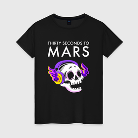 Женская футболка хлопок с принтом Thirty Seconds to Mars   неоновый череп в городе Новоалтайск, 100% хлопок | прямой крой, круглый вырез горловины, длина до линии бедер, слегка спущенное плечо | 