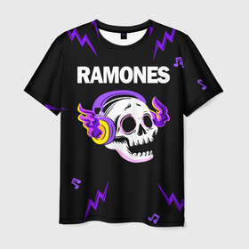 Мужская футболка 3D с принтом Ramones неоновый череп в городе Новоалтайск, 100% полиэфир | прямой крой, круглый вырез горловины, длина до линии бедер | 