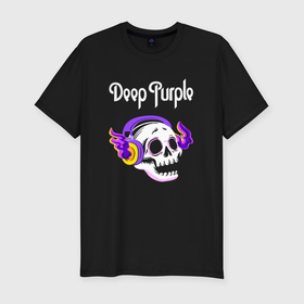 Мужская футболка хлопок Slim с принтом Deep Purple   неоновый череп в городе Новоалтайск, 92% хлопок, 8% лайкра | приталенный силуэт, круглый вырез ворота, длина до линии бедра, короткий рукав | 