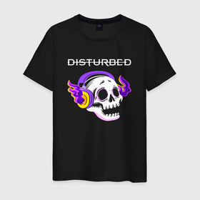Мужская футболка хлопок с принтом Disturbed   неоновый череп в городе Новоалтайск, 100% хлопок | прямой крой, круглый вырез горловины, длина до линии бедер, слегка спущенное плечо. | 