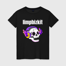 Женская футболка хлопок с принтом Limp Bizkit   неоновый череп в Кировске, 100% хлопок | прямой крой, круглый вырез горловины, длина до линии бедер, слегка спущенное плечо | Тематика изображения на принте: 